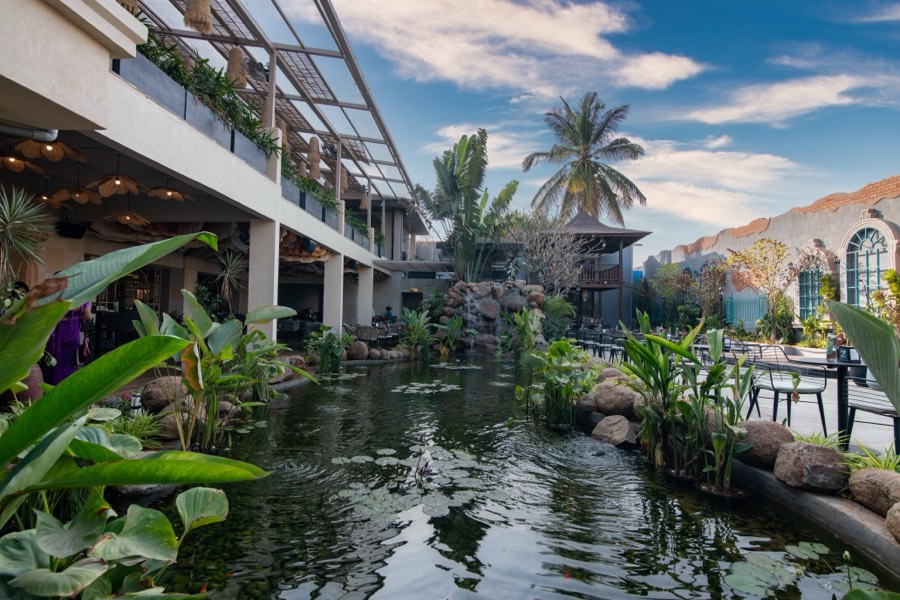 Lily pond leading to the dining pavilion