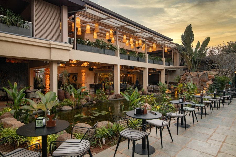 Terrace dining under pendant lights at sunset